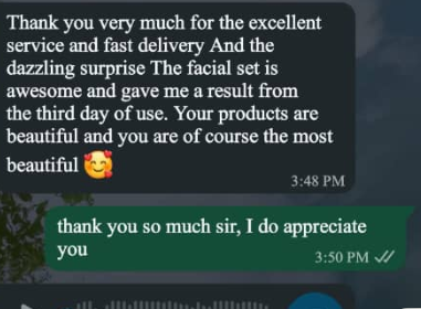 WhatsApp customer review from Jafaar praising Face Setter's facial set and delivery