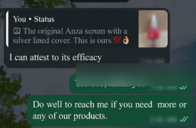WhatsApp customer review praising the original Anua serum's efficacy